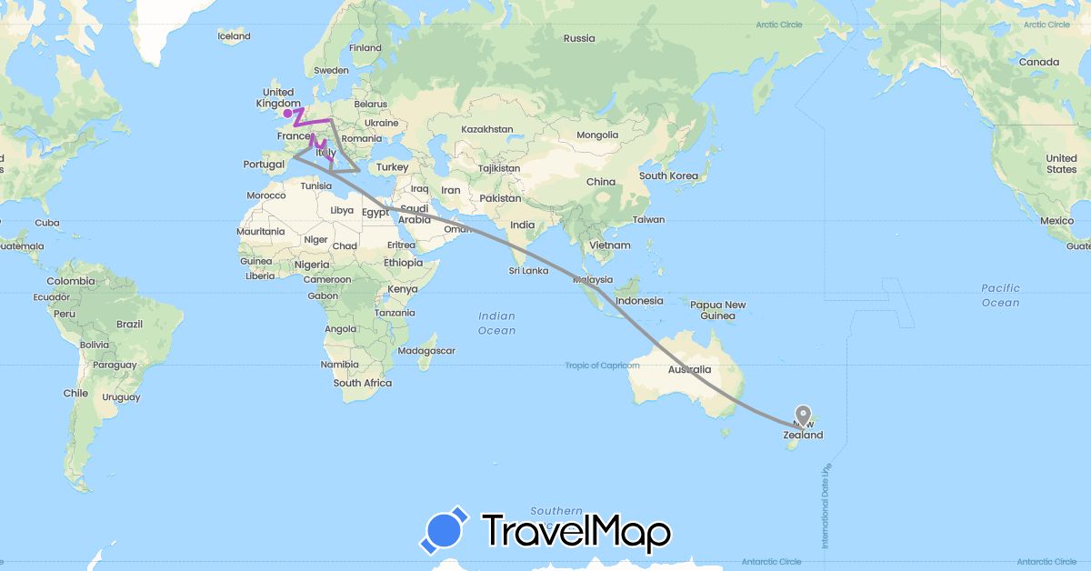 TravelMap itinerary: driving, plane, train in Switzerland, Czech Republic, Egypt, Spain, France, United Kingdom, Greece, Croatia, Italy, Monaco, Netherlands, New Zealand, Singapore (Africa, Asia, Europe, Oceania)